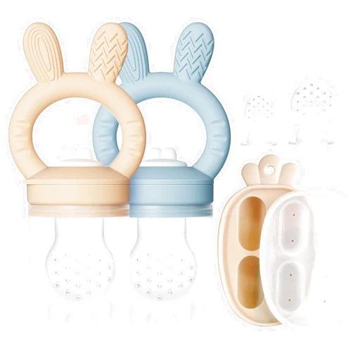 ChooKaChoo 2 Packs Baby Fruit Feeder & Freezer Nibble Tray Combo, Push Pop Baby Food Feeder to Safely Introduce New Foods, Fresh & Frozen Food Silicone Feeder, 100% Food Grade, BPA Free (Caramel & Blue)