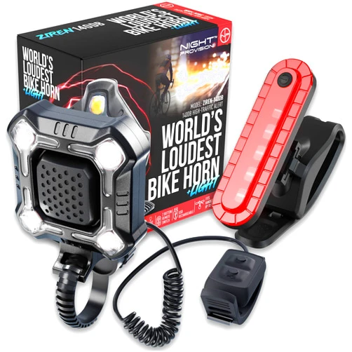 NP NIGHT PROVISION ZIREN 140dB High-Traffic Bike Horn & LED Light Super Loud Electric Horn 120-140dB for Max Safety Alert w/Handlebar Switch USB Rechargeable