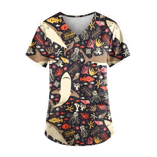 ROKIACDE Plus Size Scrubs for Women Stretch V Neck Pattern Short Sleeve Nurse Tops Cute Animal Print Nursing Top with Pockets