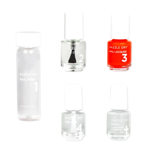 Dazzle Dry Mini Kit 4 Step System - Red Hot Chili, a bright and orangey red. Full coverage cream. (5 Piece Kit / 5 Manicures)