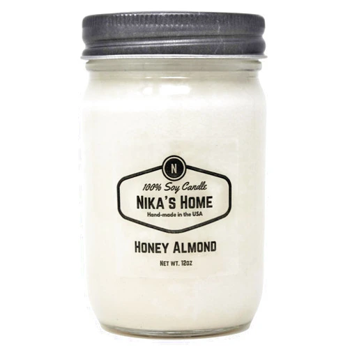 Nika's Home Honey Almond Soy Candle 12oz Mason Jar Non-Toxic White Soy Handmade, Long Burning 50-60 Hours Highly Scented All Natural, Clean Burning Large Candle Gift Décor