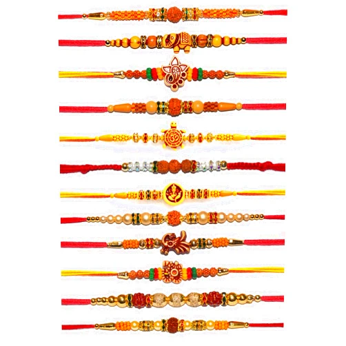 Vibrant-Gujarat Rakhi for brother | Rakhi Set of 12 for Brother | Rakhee Bracelet on Festival of Raksha Bandhan for Brothers | Made by fine Threads Rudraksha Kundan Multicolored Stone and Small White Beads