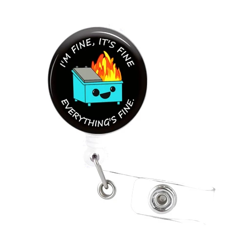 Cbuomye Dumpster Fire Badge Reel - Funny It's Fine I'm Fine Everything is Fine Badge Clip Retractable with ID Clip for Nurse Nursing Name Tag Card Cute Black Badge Holder for Doctor Teacher Student Worker ﻿
