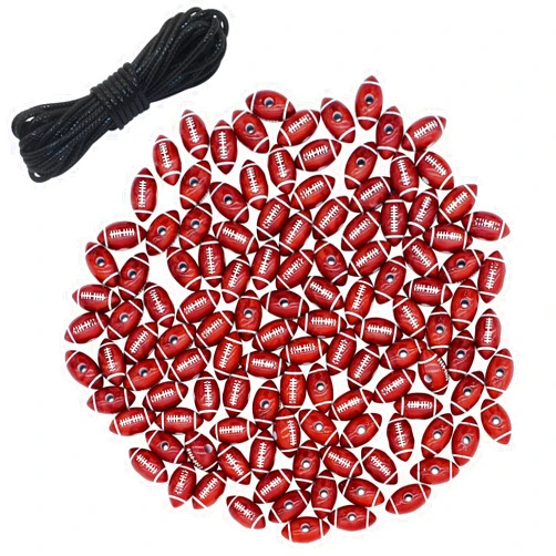 SIQYUWM 120 Pieces Football Beads Acrylic Sports Beads with Big Hole and 4.37 Yards Waxed Cord for Bracelets Necklaces Earrings Hair Ties Keychains Craft Making