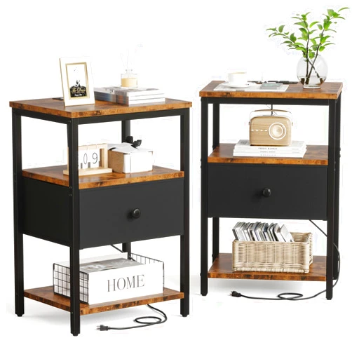 VANOMi Nightstand with Charging Station, Bed Side Table with Adjustable Fabric Drawer, Night Stand with USB Ports & Outlets, 3-Tier Storage End Table for Living Room and Bedroom, Set of 2, Rustic Brown