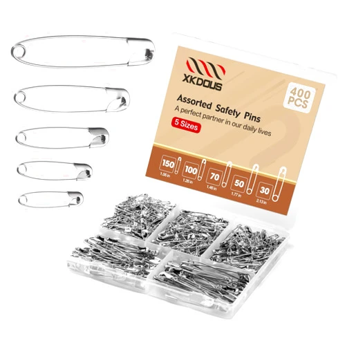 XKDOUS Safety Pins, 400 PCS Safety Pins Assorted, 5 Different Sizes Safety Pins, Silver Safety Pins Bulk, Small Safety Pins, Large Safety Pins Heavy Duty for Clothes, Sewing, Craft