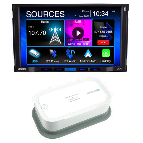 JENSEN J1CA7 7-inch Touch Screen Double DIN Car Stereo & Utilimedic+ UV8LED Fast Wireless Charging Phone Sanitizer for Car Use