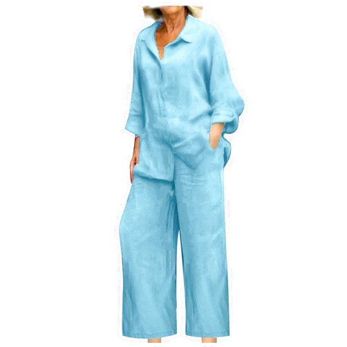 maisdgop Womens 2 Piece Outfits Summer Cotton Linen Set Casual Long Sleeve Button down Shirts and Pants Suits with Pockets
