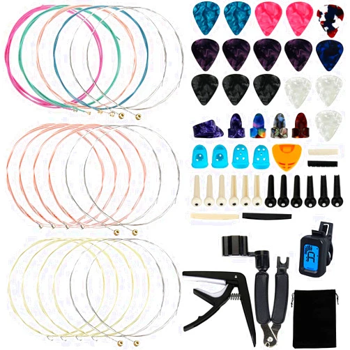 Augshy 65 Pcs Guitar Repair Kit Including Strings, Picks, Capo, String Winder&Cutter, Tuner, Storage Bag for Beginner