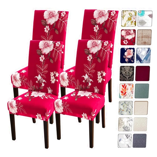 SearchI Dining Room Chair Covers Slipcovers Set of 4, Spandex Super Fit Stretch Removable Washable Kitchen Parsons Chair Covers Protector for Dining Room,Hotel,Ceremony,Red+Flowers