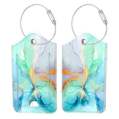 Fintie 2 Pcs Luggage Tags, Fintie Privacy Cover ID Label with Stainless Steel Loop and Address Card for Travel Bag Suitcase, Emerald Marble