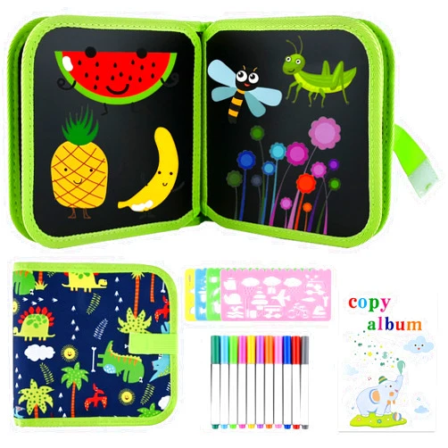 FLMRIOY Erasable Doodle Book Set for Kids, Reusable Portable Drawing Art Book with Stencils Car Road Trip Toy Travel Activity Game for Preschool Toddlers Gift (Green)