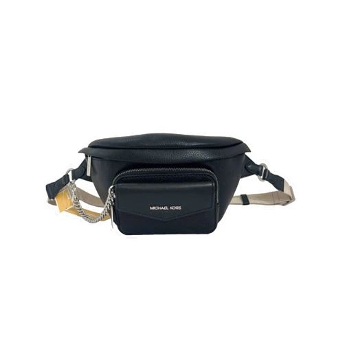 MICHAEL KORS Maisie Large Pebbled Leather 2 in 1 Sling Pack Waist Belt Bag Crossbody Strap (Black Silver Hardware)