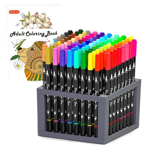 Shuttle Art Dual Tip Brush Pens Art Markers, 96 Colors Fine and Brush Dual Tip Markers Set with Pen Holder & 1 Coloring Book for Kids Adult Artist Coloring Calligraphy Journal Doodling Writing