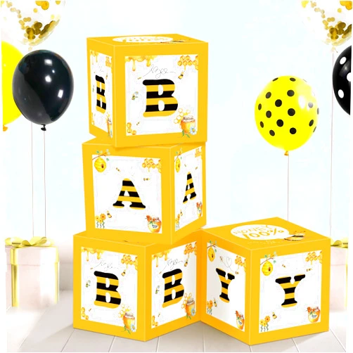 FVABO Bee Baby Shower Balloon Boxes Decorations - 4Pcs What Will It Bee Gender Reveal Decorations Balloon Box, Honey Bumble Bee Theme Party Balloon Boxes Backdrop Block Party Supplies