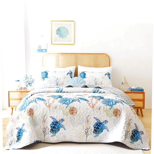 weigelia Coastal Quilts Bedding Set Twin Size - Summer Sea Turtles Nautical Bedding Quilt with Pillow Cases, Beach Reversible Quilt Set Bedspreads Coverlet Soft Lightweight Comforter