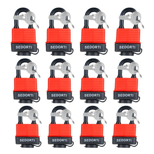 SEDORTI Colored Waterproof Padlocks, Heavy Duty Laminated Steel Lock with Red Plastic Covered, Keyed Alike Outdoor Locks, Can Be Used as Lockout Tagout Lock, Pack of 12
