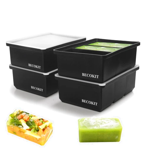 BECOKIT Silicone Freezer Tray With Lid - Silicone Freezer Food Molds- Large Ice Cube Tray,Silicone Freezer Container,Freeze & Store Soup, Sauce, Broth,Leftovers - Makes 3 Perfect 1 Cup (Black 4 Tray)