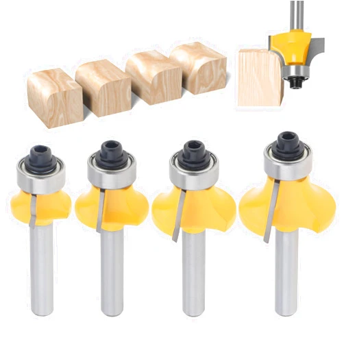 Omninmo Roundover Router bit Set, 4pcs Router bit Set, 1/4inch Shank, Bearing Guide for Rounding Edge bit, Carbide Corner Edge Forming Router Bit Set for Wood Working(for R 1/8