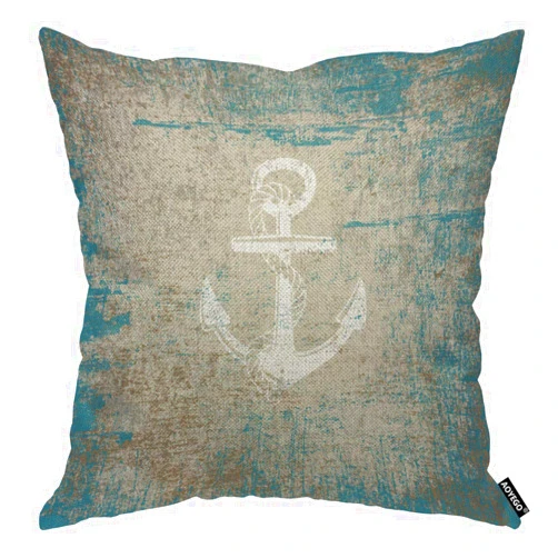 AOYEGO Vintage Anchor Throw Pillow Cover Rope Stain Blue Background Marine Ocean Boat Ship Equipment Pillow Case 18x18 Inch Decorative Men Women Room Cushion Cover for Home Couch Bed