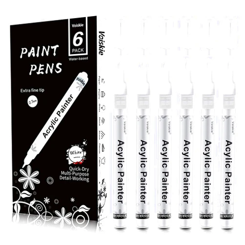 PHOSEA Paint Pens White Marker 6 Pack,0.7mm Acrylic White Permanent Marker,White Paint Pens for Rock Painting Stone Ceramic Glass Wood Plastic Glass Metal Canvas Water-based Extra Fine Point
