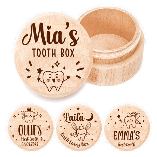Zhamate Personalised Tooth Fairy Box, First Tooth Keepsake,Customize name and date,Tooth Fairy Box for Girls Boys,Wood Tooth Box, Christening Gift, Baby Teeth Box,Cartoon