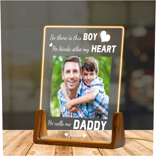 Eternalart Custom Father's Day Gift for Dad, Photo Acrylic Plaque Personalized Night Light, Walnut Photo Frame with Night Light, Unique Romantic Birthday Christmas Gift for Dad from Son and Daughter