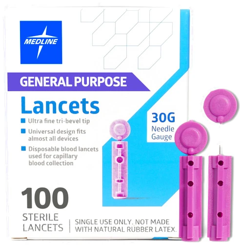 Medline General Purpose Lancets, 30G, Sterile Single Use Lancets for Diabetes Testing, Safety Lancets for Blood Sampling, Fingerstick Diabetic Lancets, 100 Count