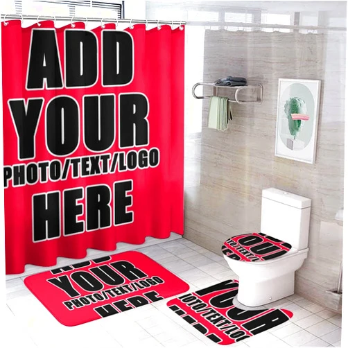 NALAHOME Customize Bathroom Sets with Shower Curtain and Rugs Add Your Photo Text Logo Included Waterproof Fabric Bath Curtain 1 Bath Mat 1 Contour Mat 1 Toilet Lid Cover Style08
