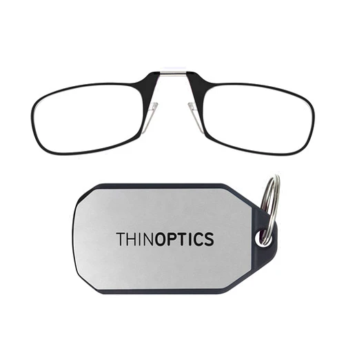 ThinOptics Keychain Rectangular Reading Glasses, Black Frames/Silver Case, 2 Piece Set + 1