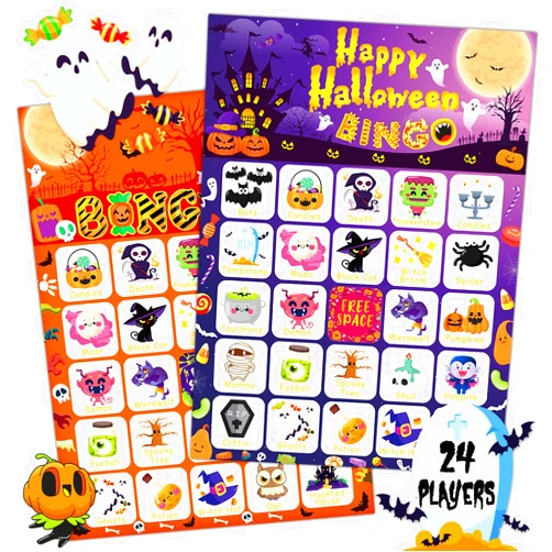 MonEnfance Halloween Bingo Cards, 24 Players Halloween Bingo Game for Kids Adults with Punny Stickers Cute Party Game for Family Classroom Large Group