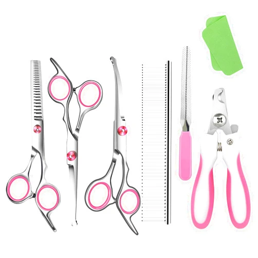 Wikdey Pink Dog Grooming Scissors with Safety Round Tip,Pet Grooming scissors Kit,Dog Shears kit,Incudes Thinning,Curved,Straight Grooming Scissors，Nail Clippers,Nail File and Comb for dogs,cats.