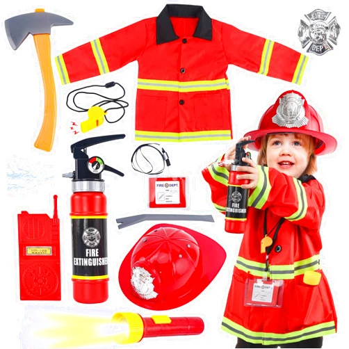 CAPTAIN CHAOWING Fireman Costume for Kids, 10 Pcs Firefighter Costume with Toy Accessories Set, Fireman Role Play Outfit Toys, Kids Fireman Dress Up Clothes, Halloween for Boys Toddlers Ages 3 4 5 6 7