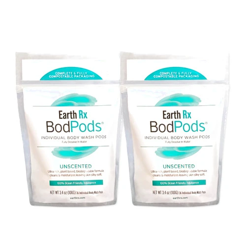 Earth Rx Unscented BodPods, Moisturizing Body Wash Plant-Based, Biodegradable, Compostable Packaging (2 Pack)