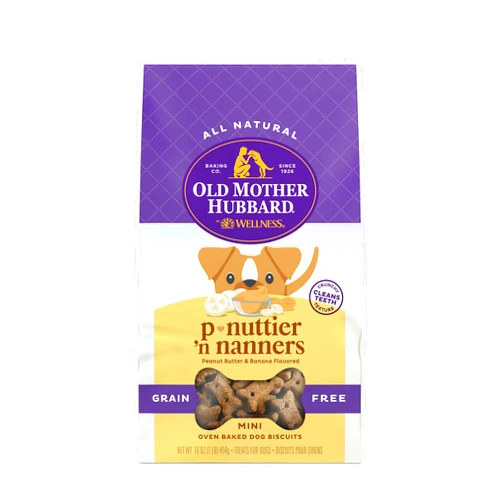 Old Mother Hubbard by Wellness Classic P-Nuttier 'N Nanners Grain Free Natural Dog Treats, Crunchy Oven-Baked Biscuits, Ideal for Training, Mini-Size, 16 ounce bag