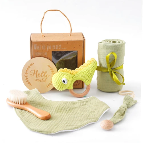 EERKEOD Baby Gift Set for Newborn Baby Essentials Neutral Baby Gift with Baby Blanket Baby Rattle Pacifier Chain New Baby Bath Gift 5PC Green Dinosaur