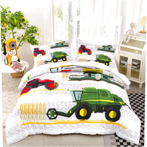 CVHOUSE Tractor Bedding Sets for Boys,Excavators Comforter Queen,Boys Cartoon Truck Comforter Set,Trucks Tractors Cars Quilt Set with 1 Comforter and 2 Pillow Cases- 3 Piece