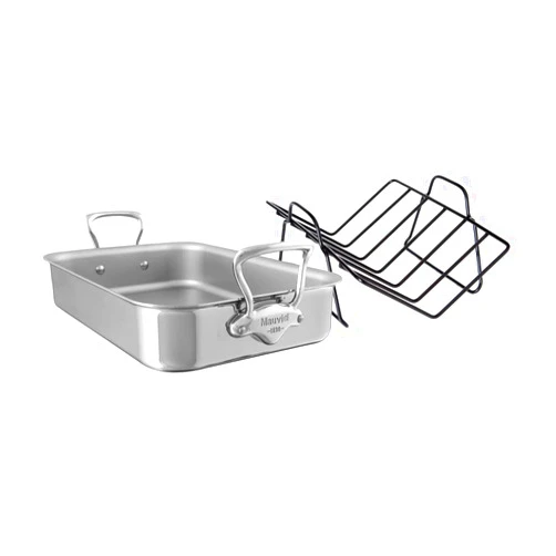 Mauviel M'Cook 5-Ply Polished Stainless Steel Roasting Pan With Rack, And Cast Stainless Steel Handles, 15.7 x 11.8-in, Made In France