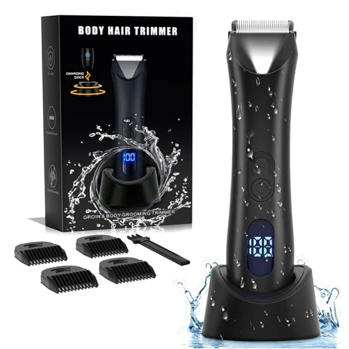 SIHOHAN Groin Hair Trimmer for Men Electric Body Hair Trimmer Waterproof Ball Trimmer with Light & Power Display, Safety Razor Pubic Hair Trimmer for Ball/Chest/Beard, Ceramic Blade Heads, Recharge Dock