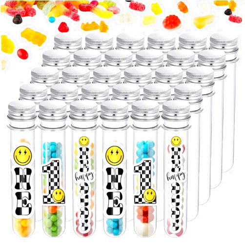 Whaline 30Pcs One Happy Dude Plastic Test Tubes with Screw Caps Stickers Clear Candy Storage Vials Gumball Candy Container for First Birthday Party Favors