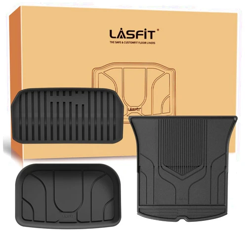 LASFIT Trunk Mats Set for Tesla Model Y 2024 2025 2023 2022 2021 2020 5 Seater TPE All Weather Custom Fit Cargo Liners Frunk Rear Trunk Storage Mats, Black