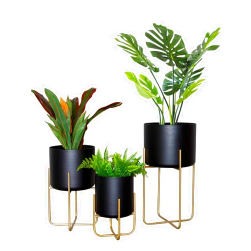 Sinolodo Large Floor Standing Planters with Metal Stand Pack of 3, Extra Large Plant Pot Container, Black and Gold Tree Planter Flower Pots and Stands(Black)