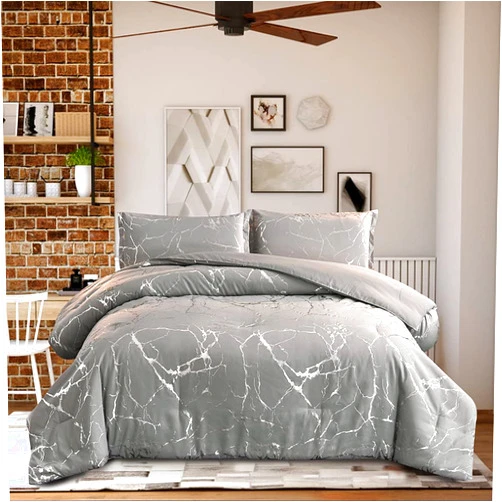 Holawakaka Silver Metallic Marble Comforter Set Full Size Foil Print Glitter Bedding Sets,Grey/Silver,Full