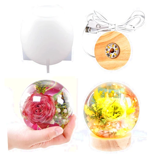 Voaesdk 4 inch Large Sphere Round Light Resin Mold,LED Silicone Resina Mould with 1Pcs USB Powered Wooden Lighted Base Stand for DIY Table Crafts Party Wedding Desktop Lamp Home Decor
