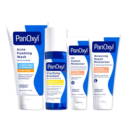 PanOxyl Complete Cleanse, Manage & Moisturize Bundle - Acne Foaming Wash Benzoyl Peroxide 10%, PM Balancing Repair Moisturizer, AM Oil Control Moisturizer & Clarifying Exfoliant with 2% Salicylic Acid