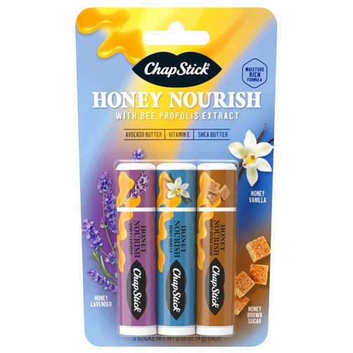 ChapStick Lip Balm Honey Nourish, Moisturizing Fomula with Shea Butter and Avocado Butter, Vitamin E, Flavors Honey Lavender, Honey Vanilla, Honey Brown Sugar, 3CT BC .45OZ