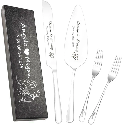 Zhamate 4-Piece Personalized Wedding Cake Knife & Server Set with Forks - Stainless Steel Cake Cutting Set for Wedding, Anniversary, Engagement, Custom Engraved Bridal Gift Bride & Groom-Silver