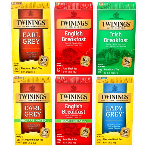 Twinings Tea Variety 6-Pack – Earl Grey, English Breakfast, Irish Breakfast, Earl Grey Decaf, English Breakfast Decaf, Lady Grey Tea Bags, 20 Count Each