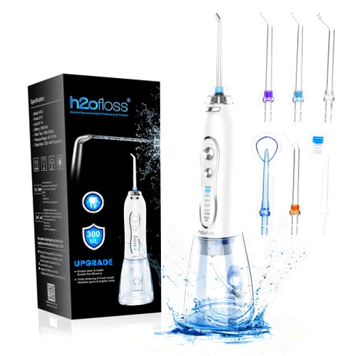 H2ofloss Water Dental Flosser Portable Dental Oral Irrigator with 5 Modes, 6 Replaceable Jet Tips, Rechargeable IPX7 Waterproof Teeth Cleaner for Home and Travel -300ml Detachable Reservoir (HF-6)
