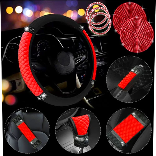 JINGSEN 11 PCS Bling Rhinestones Leather Car Accessories Set,Bling Steering Wheel Cover for Women,Center Console Armrest Pad Belt Cover Handbrake Gear Cover Coasters Full Set for Car SUV